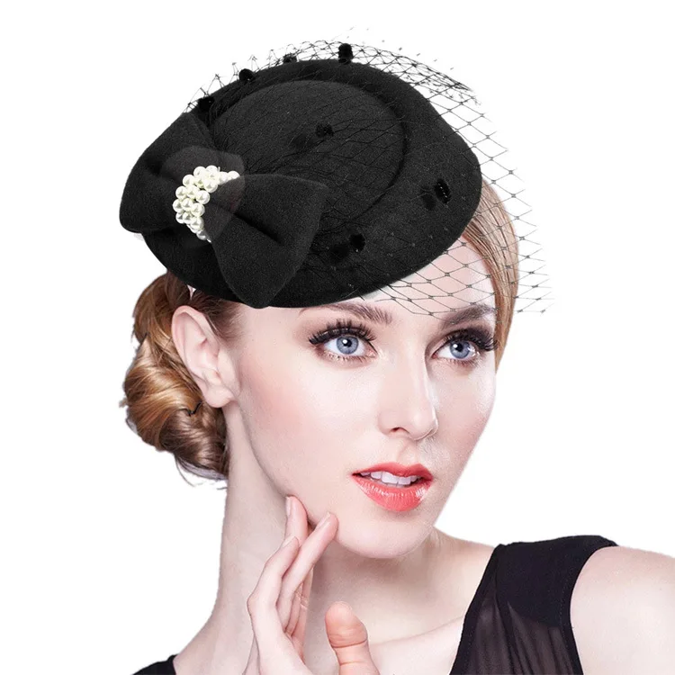 Fashion women Cocktail & Dot mesh fascinator hat Ladies Party Hat with bow Formal church hat Elegant French pearl Headwear