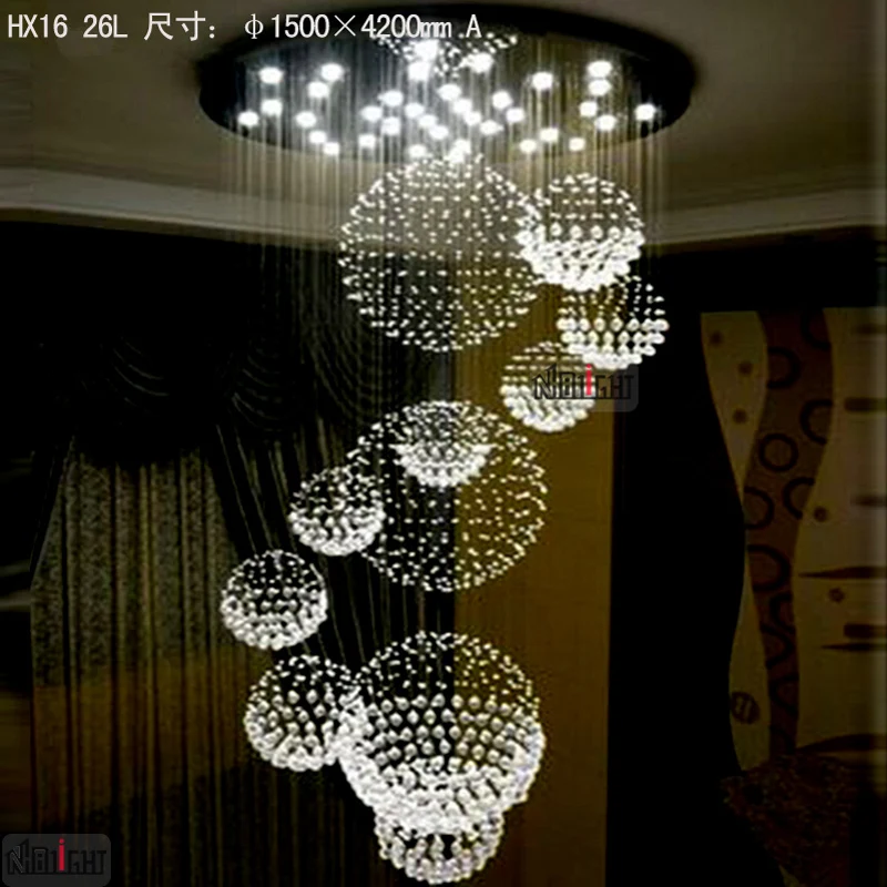 modern custom Large long staircase lighting LED ball pendant lamp raindrop spiral crystal chain chandelier for hotel and home