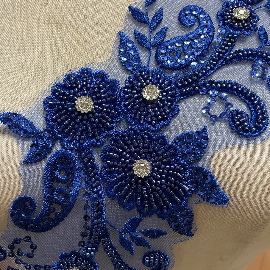 Royal Blue Lace Applique Embroidery Lace Patch with Beads Sequin for Bridal Couture Dress Veil Embellishment Craft