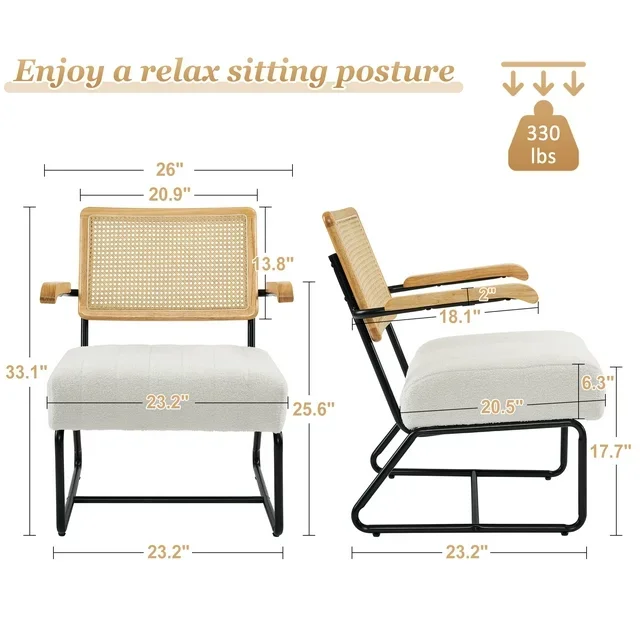 Living Room Bedroom Upholstered Sherpa Boucle Fabric Accent Chair with Rattan Backrest Solid Wood Armrest