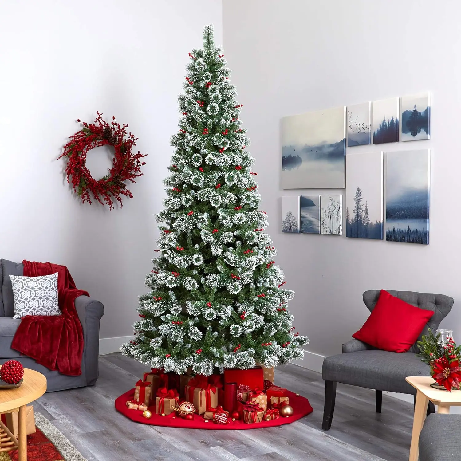 9ft. Hot Selling  Slim Frosted Swiss Pine Artificial Christmas Tree with 700 Clear LED Lights and Berries