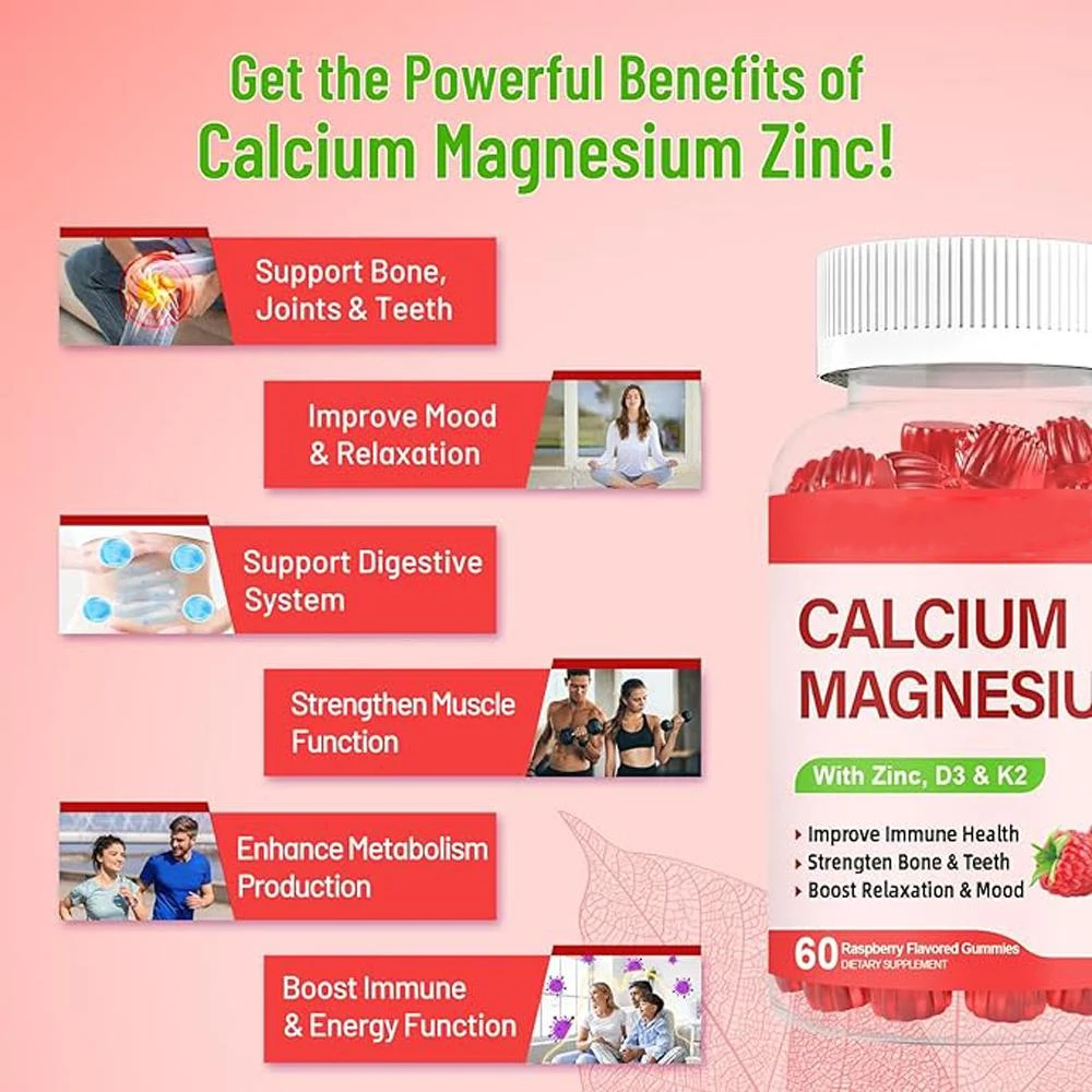 Calcium Magnesium Zinc Gummies with Vitamin D3 & K2, Magnesium Glycinate Potassium for Immune, Bone, Muscles, Calm Mood