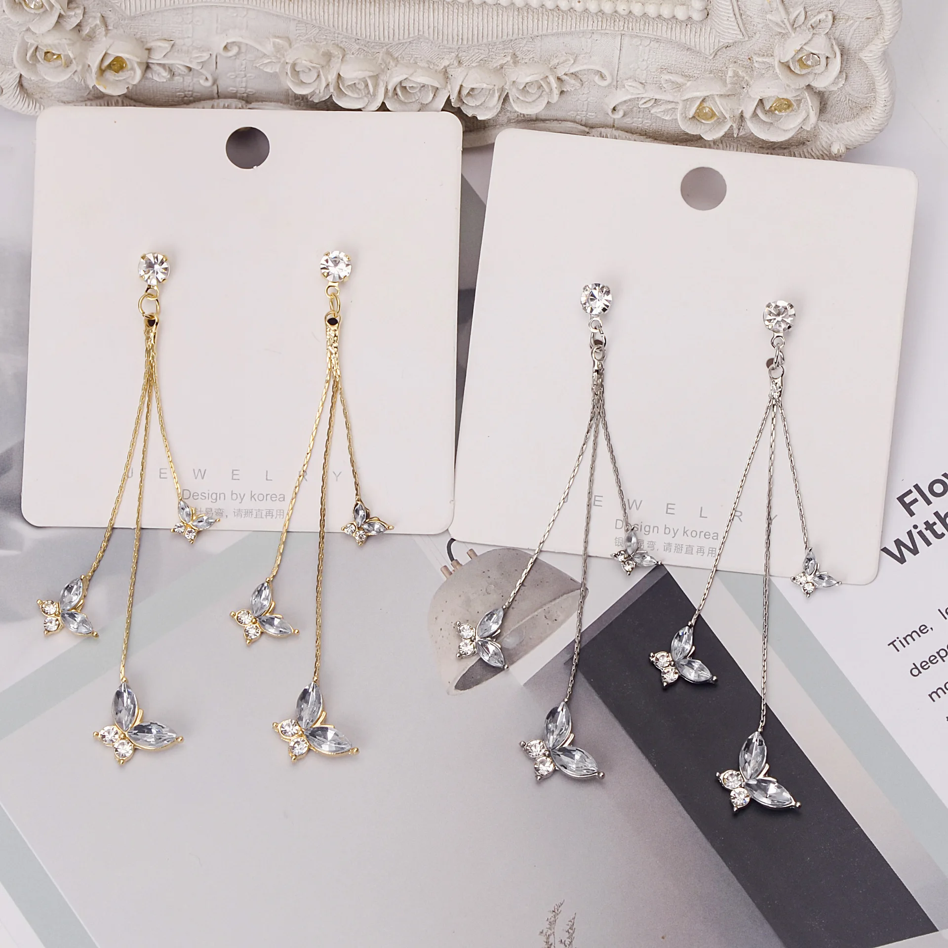 925 Silver Crystal Butterfly Earrings Long Tassel Earrings for Women