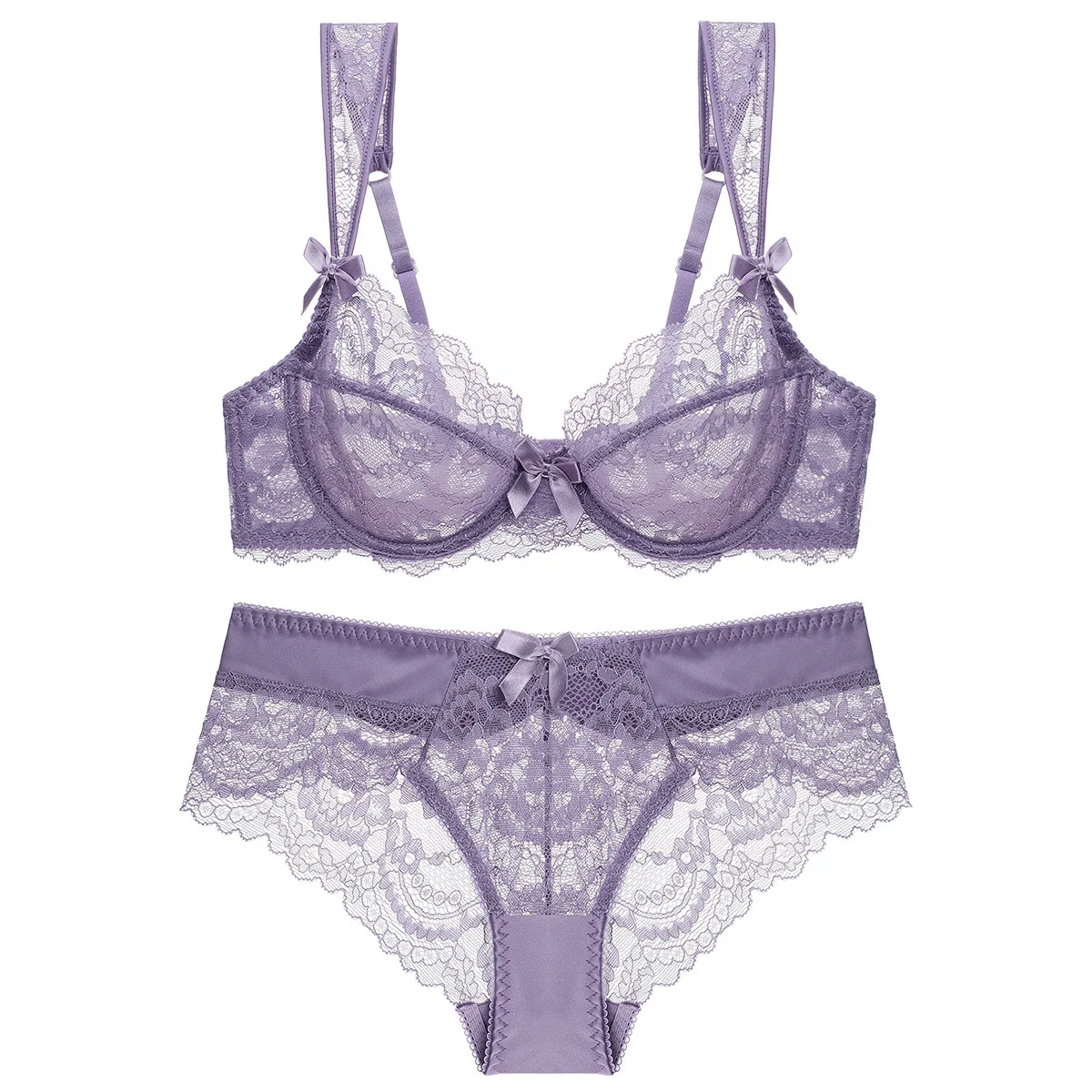 Plus Size Lace See Through Bra Panty Set Women Unlined Underwear Floral Ultra Thin Lingerie Set Bow Decor