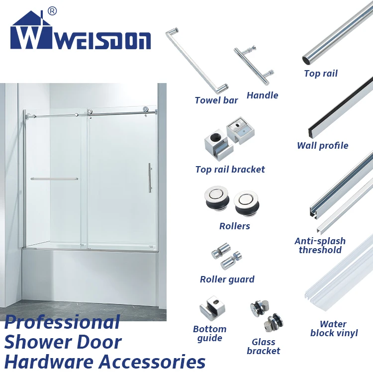 Weisdon Stainless Steel Rail System Screw Handle Roller Sliding Full Set Shower Door Hardware Without Glass