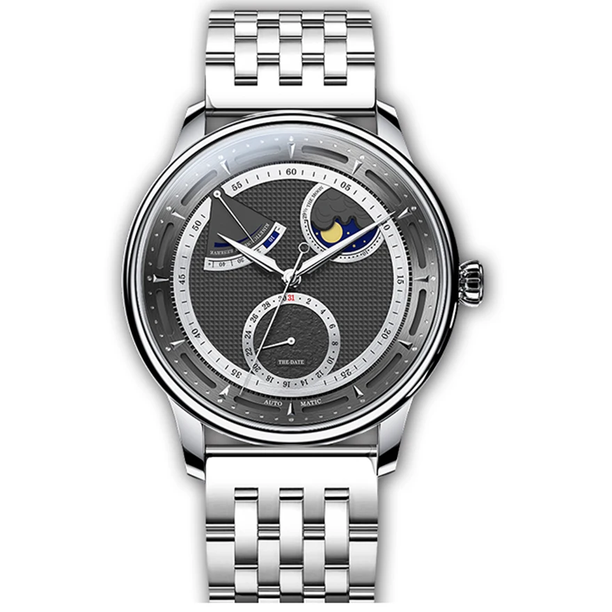 Latest stainless steel case calendar moon phase power show negotiable price custom men mechanical watch