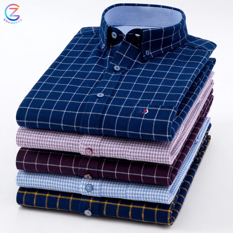 
Wholesale 100% Cotton Custom Logo Heavy Print Long Sleeve Formal Casual Flannel Plaid Man Shirts Work Winter Men Shirts Cotton 
