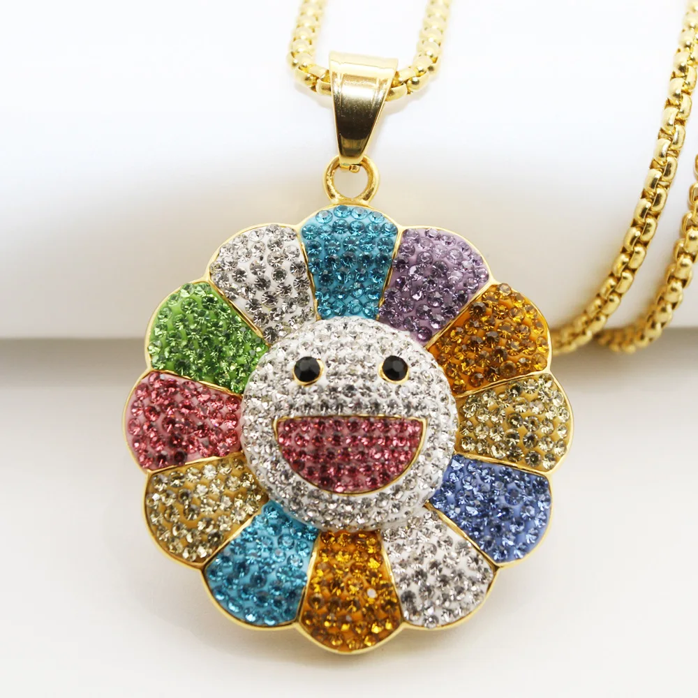 Titanium steel New Fashion Sunflower Necklace Colorful Zircon Trend Smiley Jewelry Clavicle Chain
