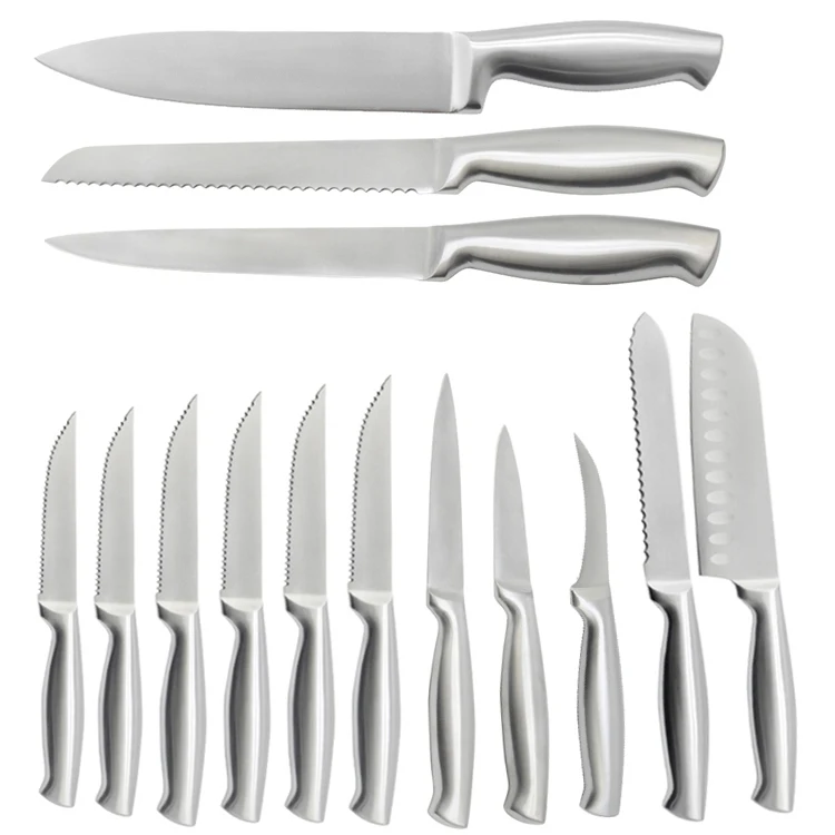 Premium quality Metal handle 15 Piece Large Knife set Kitchen with wooden block and steak knifes