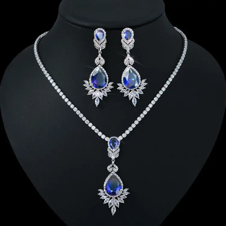 Bridal Silver 925 Jewelry Sets Zircon Pendant Necklace Drop Earrings Set Indian Wedding for Women High Quality Blue Green Brass