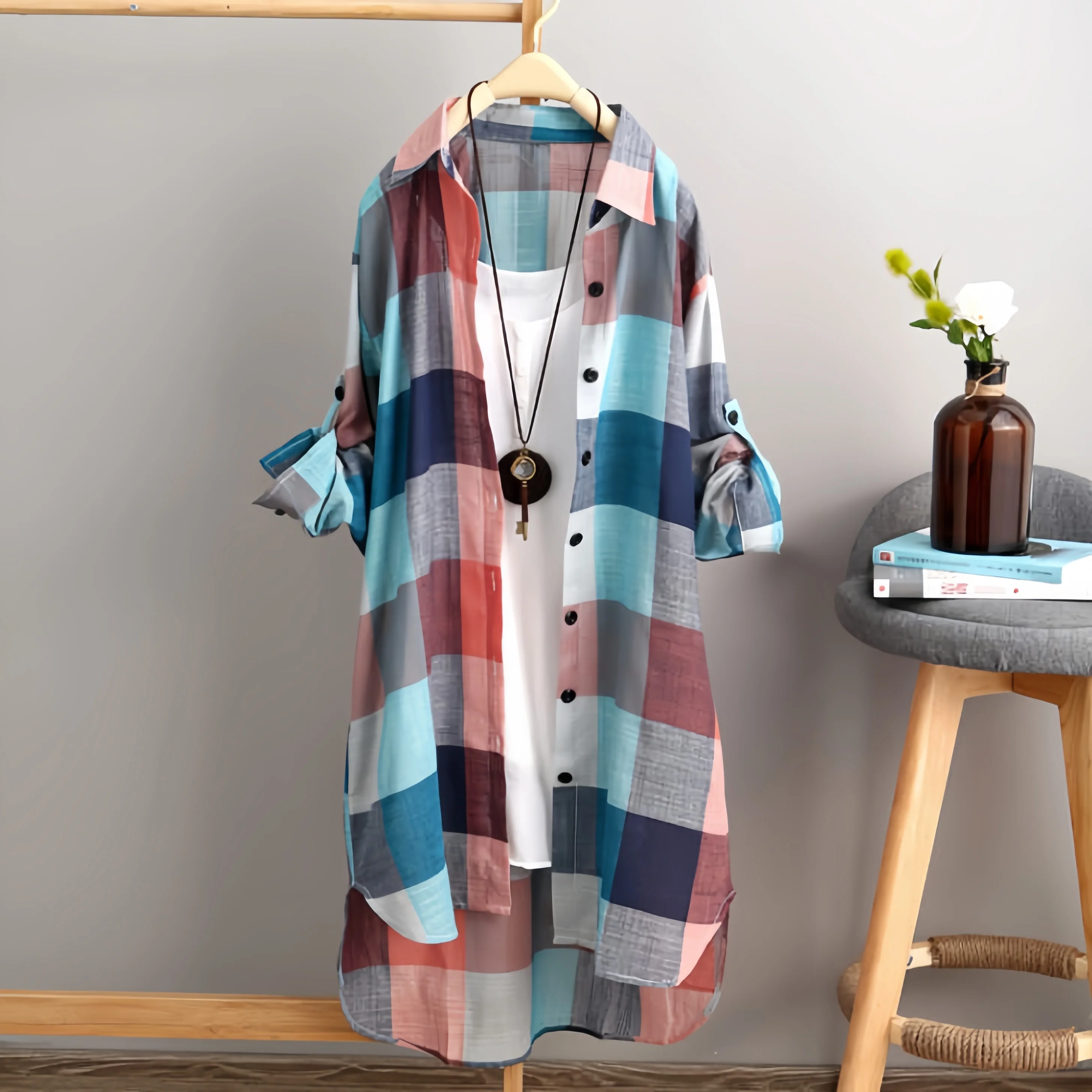 Women Plaid Cotton Linen Shirt Dress Single Breasted Long Sleeve Loose Coat Spring Summer Lady Casual Plus Size Dress