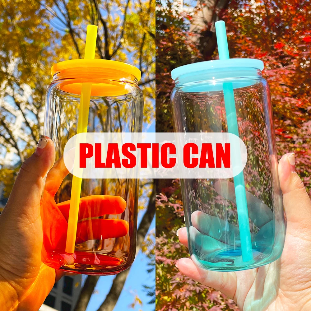 USA Warehouse Kids Gradient Colored Acrylic Beer Cups Can Ombre Jelly 16oz Plastic Can Water Bottle With Colorful Pp Lids