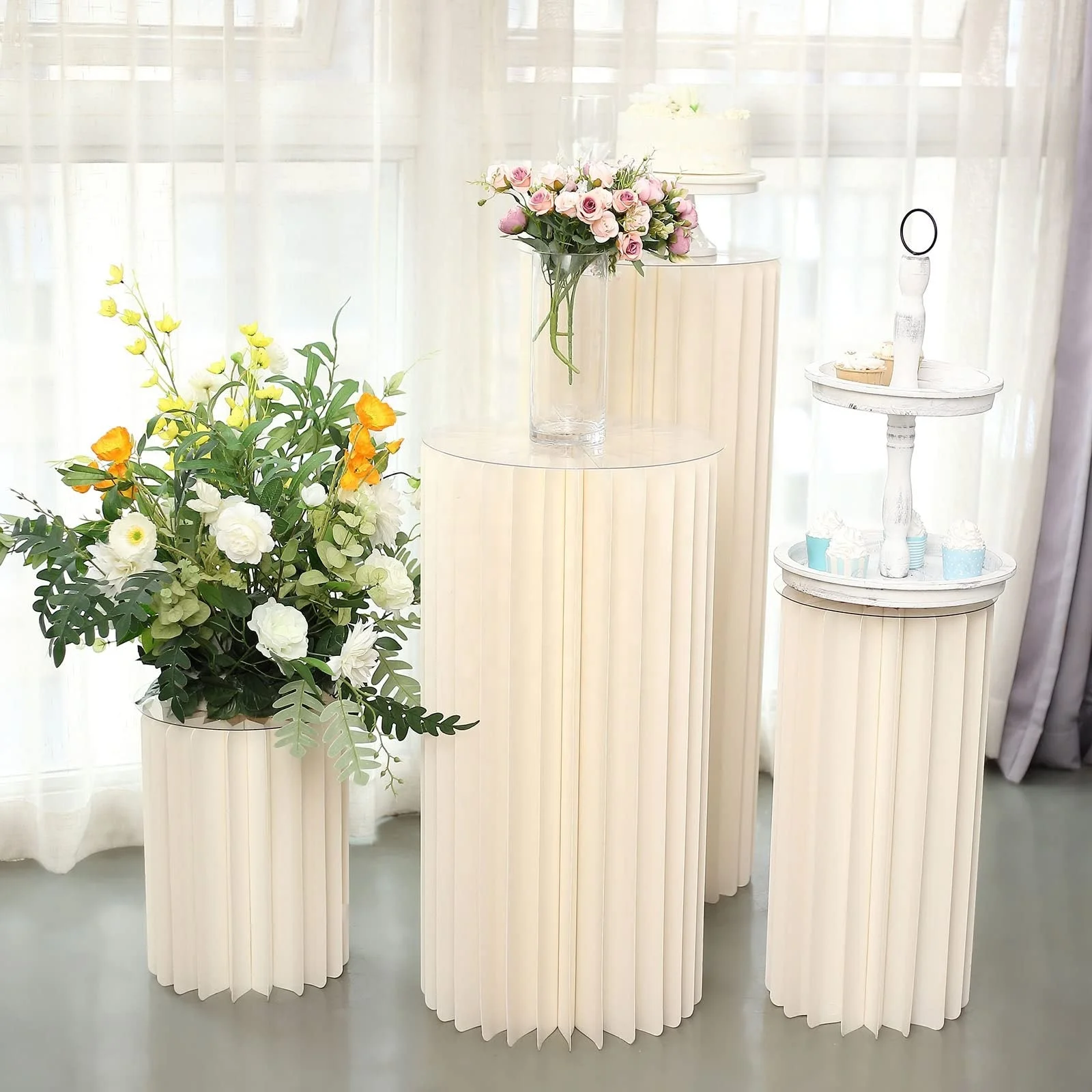 Modern DIY Cylinder Cardboard Flower Stand Display With Mirror Top Folding Events Column Stand Party Decor