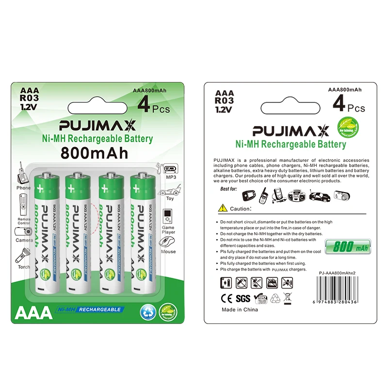 PUJIMAX suction card 4pcs Aaa nimh battery pack 800mah rechargeable ni-mh 1.2v aaa batteries for KTV speaker microphone