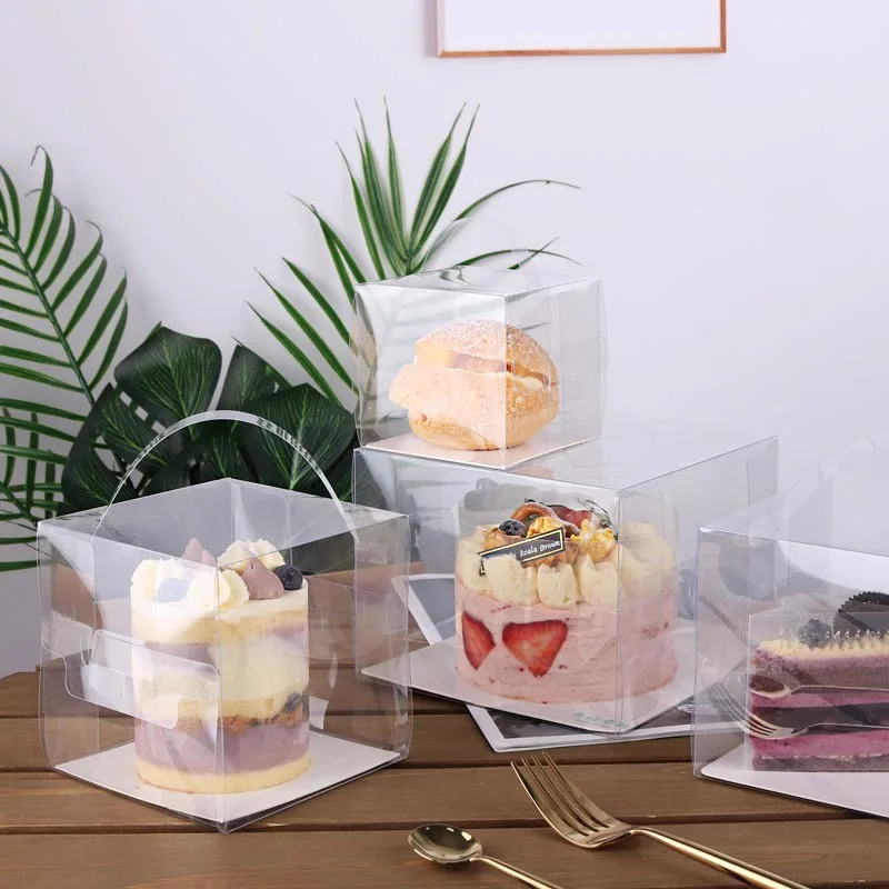 Wholesale 2 icnh Square Plastic Transparent PET Cheese Donut Puffs Food Packaging Sushi Pastry Box Clear Cake Box With Handle