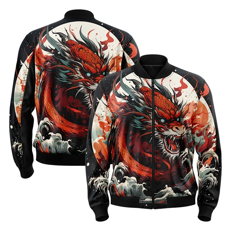Custom Design MensBomber Jacket High Quality Mens Aviator Jacket Sublimation Printing Black Dragon Pattern Trendy Jacket