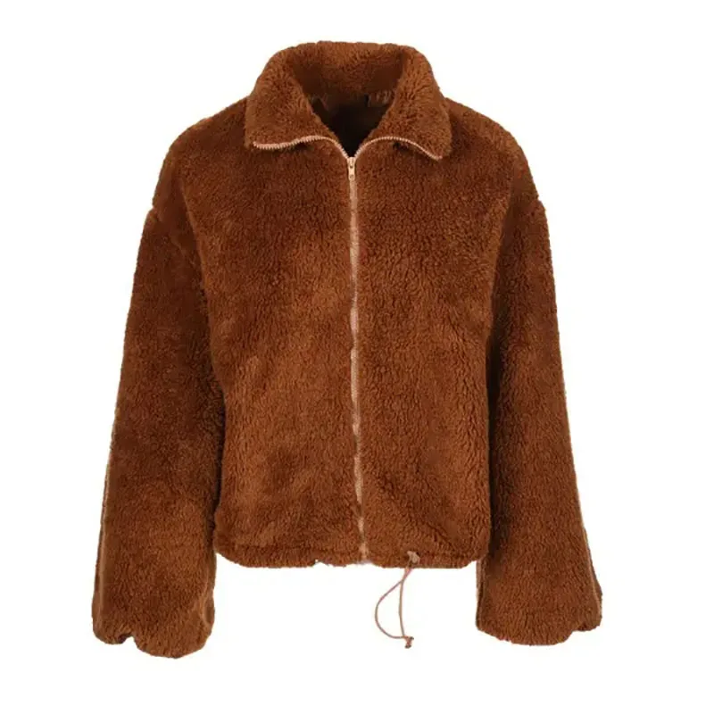 Custom Women Winter Autumn Long Sleeve Teddy Coat Drawstring Jacket Zip Up Tops Casual Sweatshirts with Lantern Sleeves