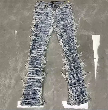 customized High quality  slim leg jeans stack jeans distressed Streetwear Patchwork Denim Pants Wash Ripped Men Denim Vintage