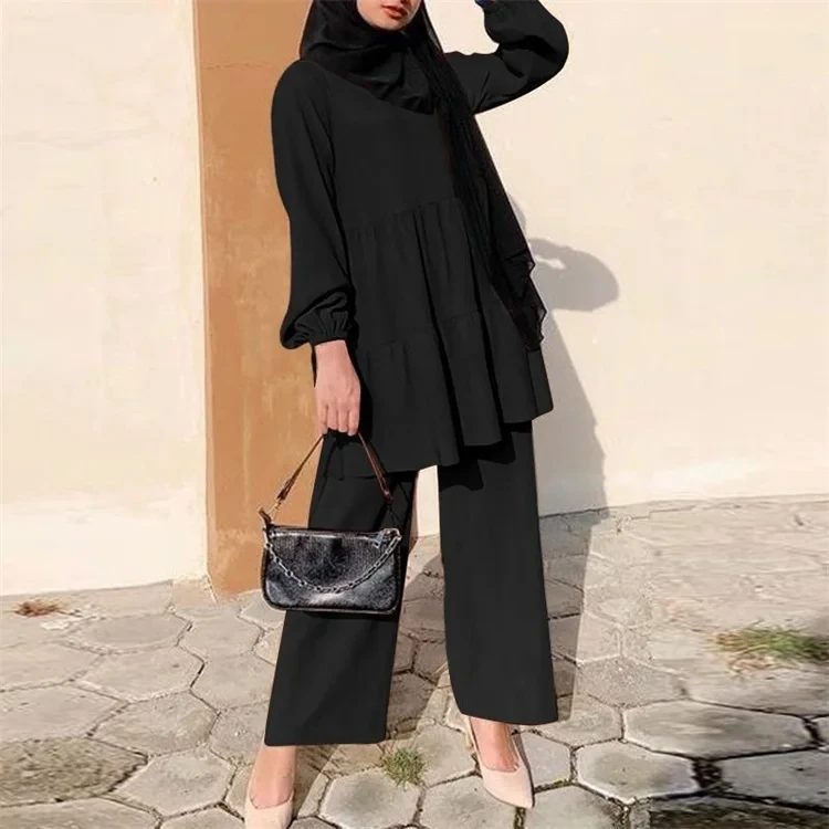 Custom islamic clothing muslim blouse pant 2 piece set women muslim loose solid color  shirt pants suit