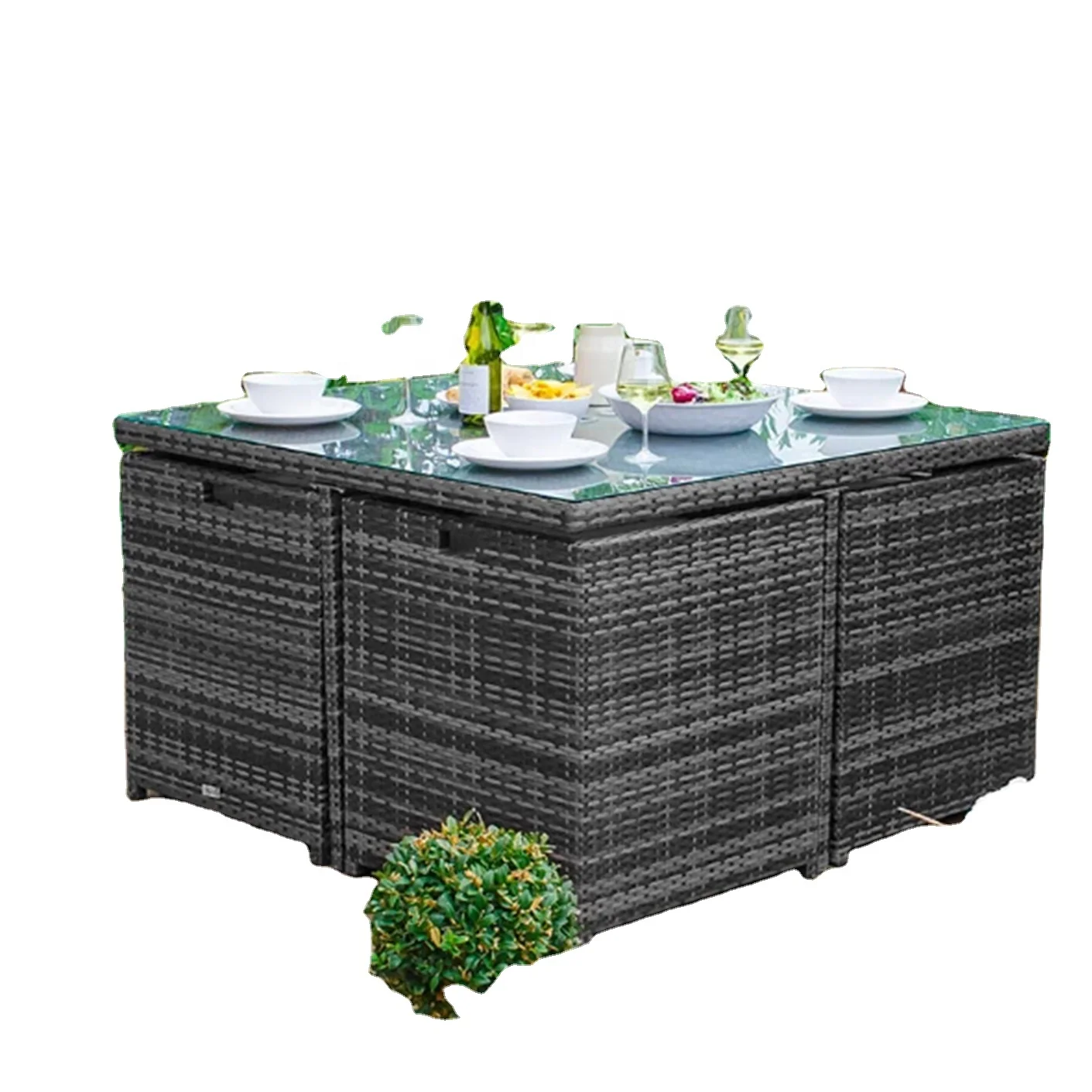 Garden Furniture Outdoor Dining Table Set KD Rattan Cube Table And Chairs Set