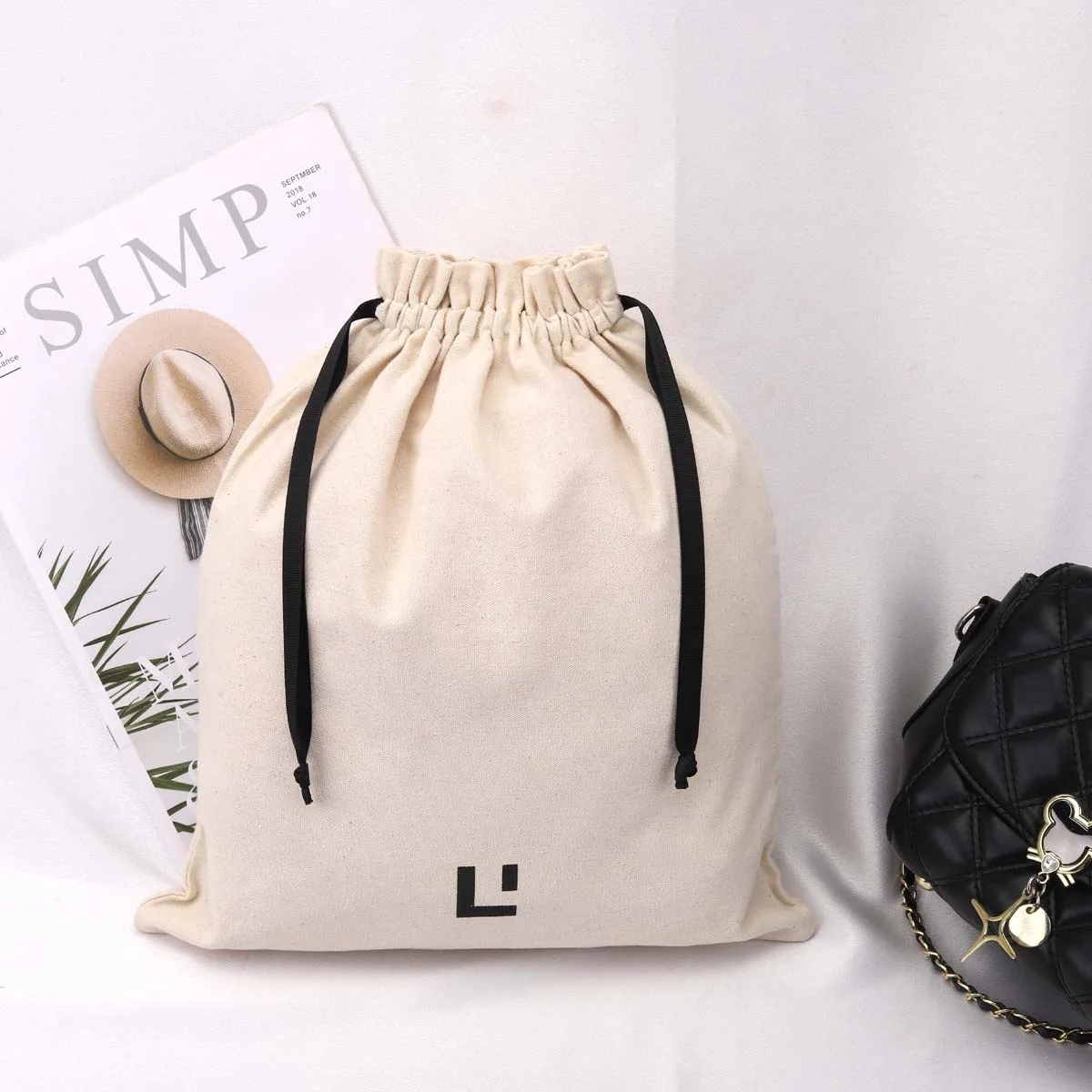 Eco-friendly Large Solid Natural Canvas Dust Packaging Drawstring Shopping Bag Custom Screen Logo Cotton Shoe Pouch