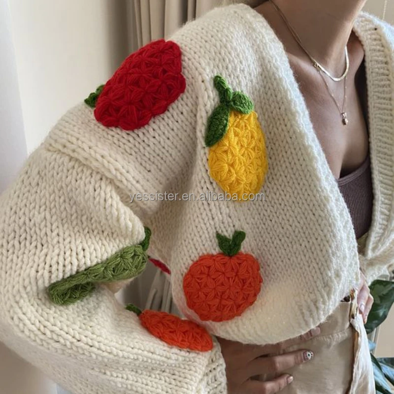 Wholesale Hand Knitted Cardigan Womens Winter Handmade Flower Chunky Sweater Coat Women Lantern Sleeve Sweater Cardigan