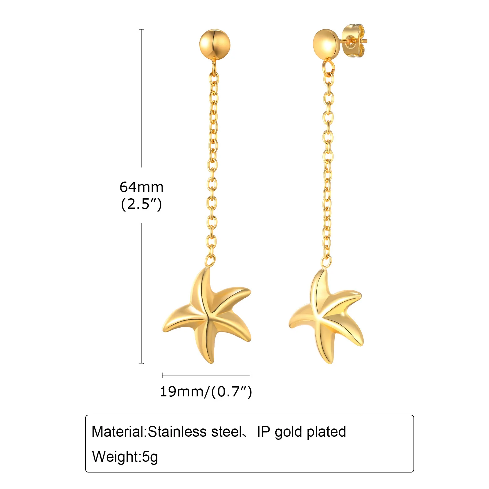 New Trend Fashion Summer Beach Jewelry Waterproof Women PVD Gold Stainless Steel Starfish Dangle Earrings