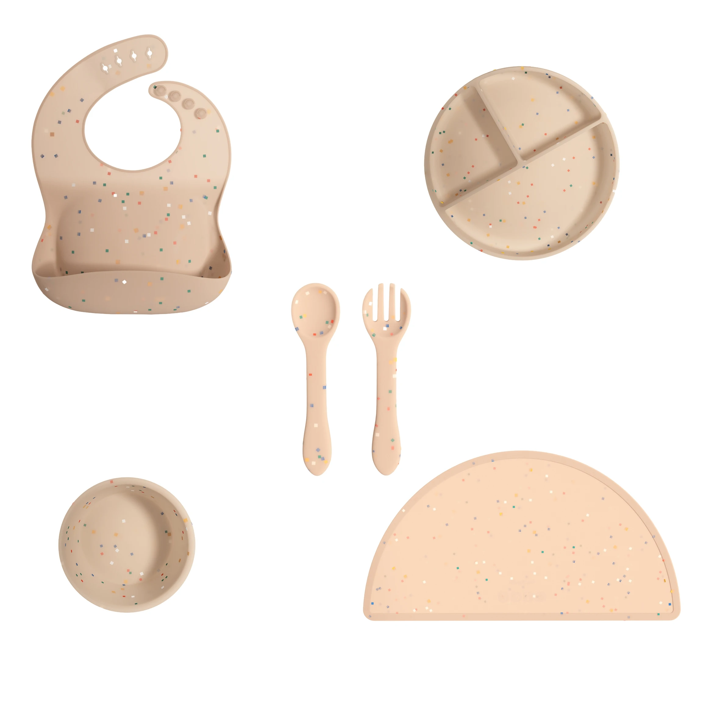 5 pieces personalized logo kids dining silicon dinnerware assortment silicone baby bib spoon plate bowl dinner dishes set