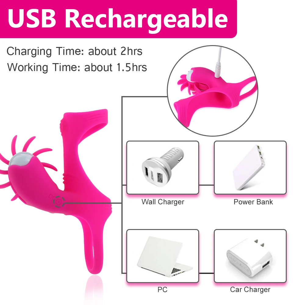 Free Custom Box - Oral Adult Products Penis Ring Vibrator Rotation Tongue Licking Clitoris Stimulator Male Silicone Cock Rings