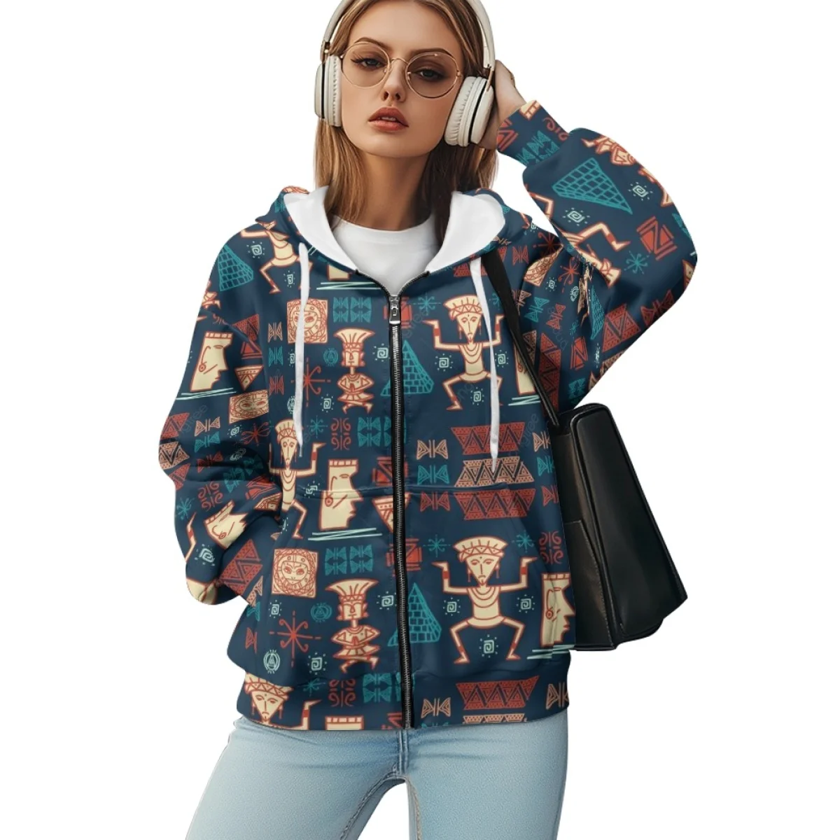 Mexico Maya Aztec Traditional Totem Loose Zip up Hoodies Wholesale Casual Autumn Winter High Quality Streetwear Full Zip Hoodies