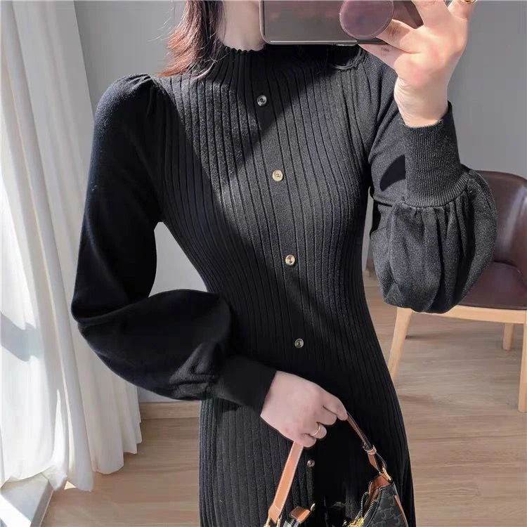 Autumn and winter mock neck mid-length knee-length jumper dress bubble sleeve inner knitted long sleeve dresses