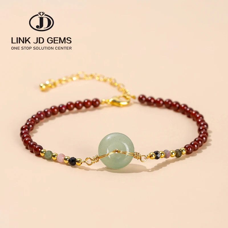 JD Wholesale Fashion Finished Jewelry Natural Stone Stretch Beads Charm Bracelet 5A Natural Garnet Peace Buckle Bracelet
