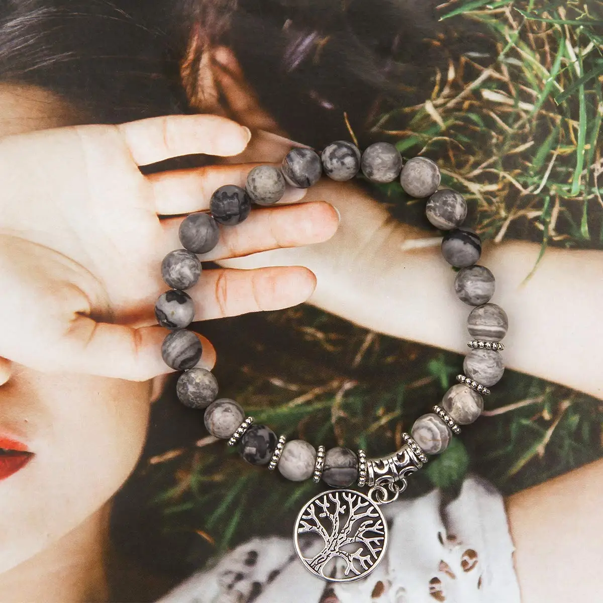 Tree of Life Pendant Map Stone and Tibetan agate gem Chakra beaded natural stone bracelet