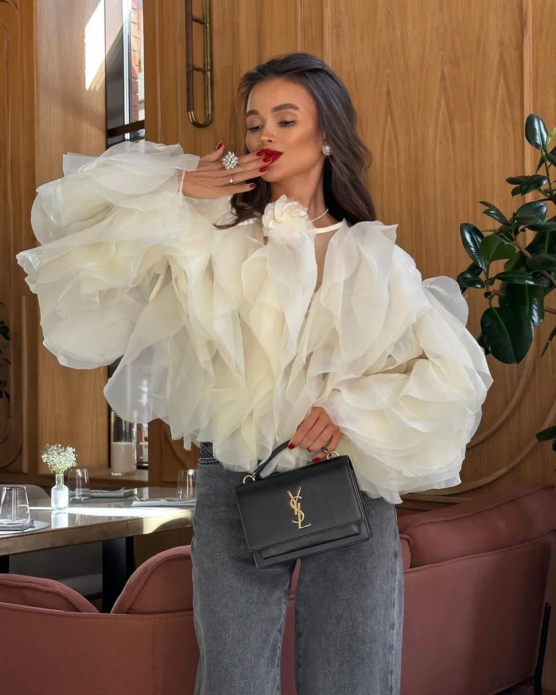 S-5XL Plus Size Long Sleeve Short Top Fashion Women Clothing Patchwork Ruffle Trim Round Neck Shirt Layered Petal Chiffon Blouse