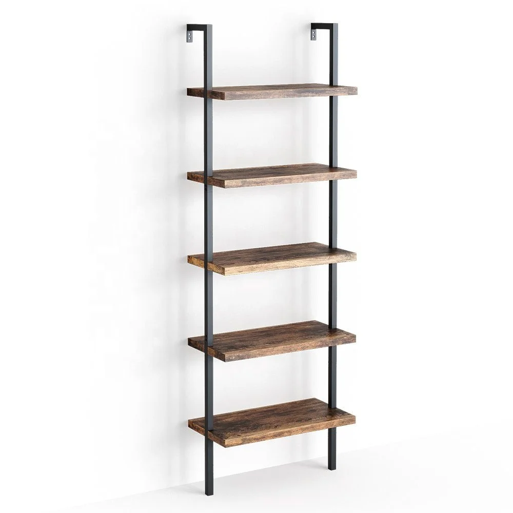 Modern 5-Tier  Ladder Shelf Open Wall-Mounted Bookshelf Storage Rack Stand Bookcase For Home Office Vintage Wood