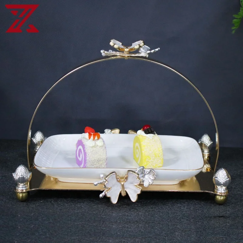 nordic ceramic plates with metal stand handle gold rim white ceramic plates for party