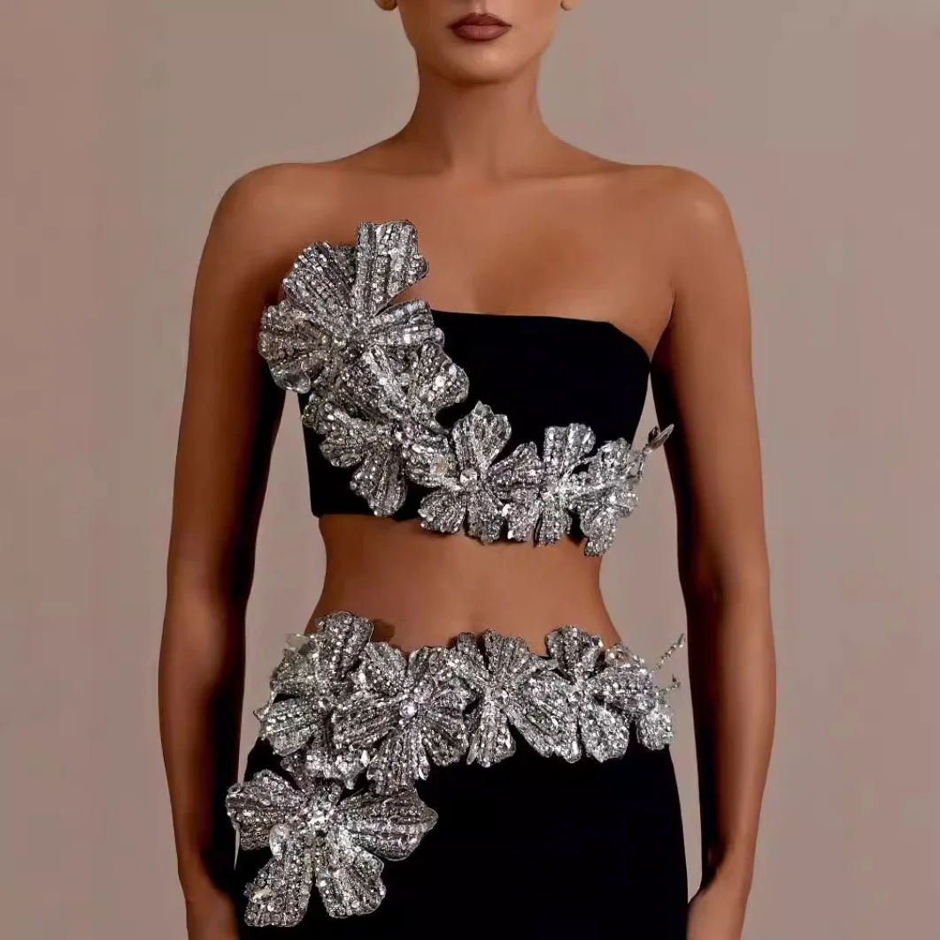 Luxury Sexy Bandage Dress 2-Piece Sets Shiny Diamonds Flower Strapless Evening Party Dresses Set for Woman 2024