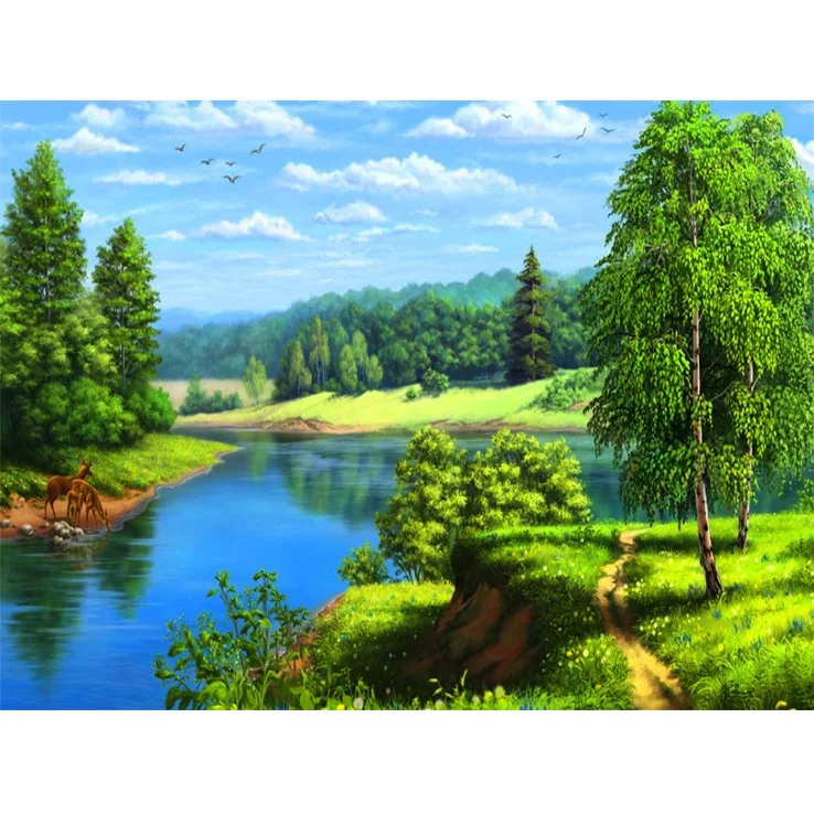 
custom handmade diamond painting green Forest river animals craft lovers diamond drawing 