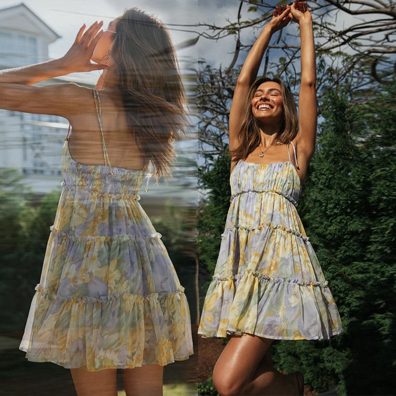 Y2K 2022 Summer Vacation Leisure Elegant Spaghetti Straps Tiered Multi Coloured Ruffled Woman Floral Green Dress