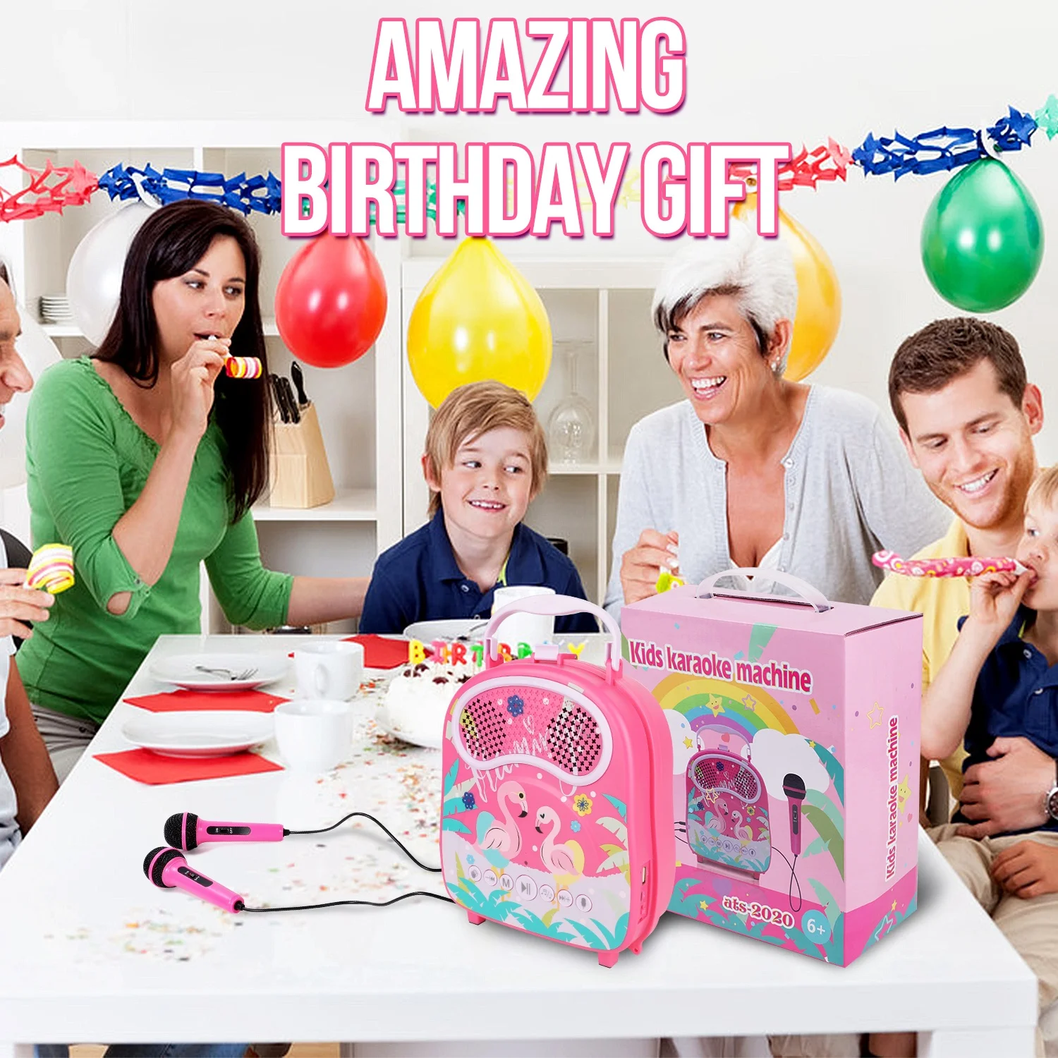 OEM and EXW Girls karaoke singing machine for children portable pink flamingo kids karaoke machine speaker with two microphones