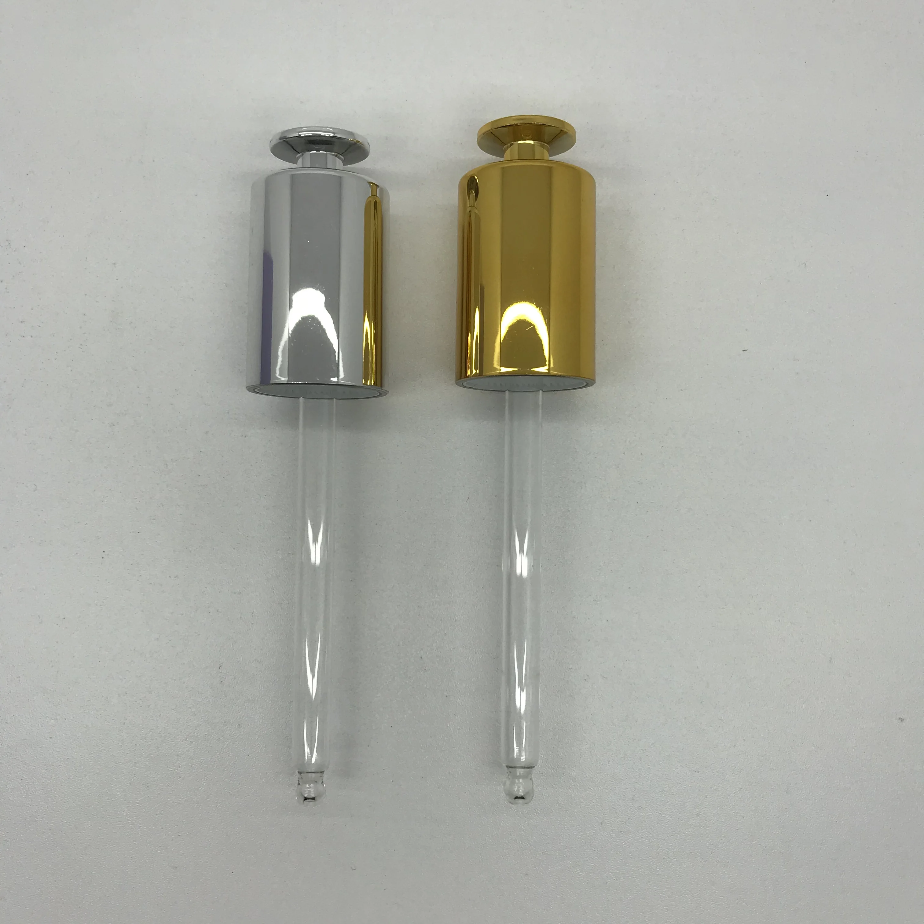 Luxury 18mm 20mm plastic push button down press dropper with glass pipette serum oil glass dropper cap