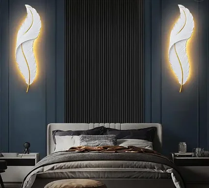 Modern Style Decoration Gold Metal Material Living Room Bedroom Corridor Interior Sconce Bracket Led Resin Feather Wall Lamps