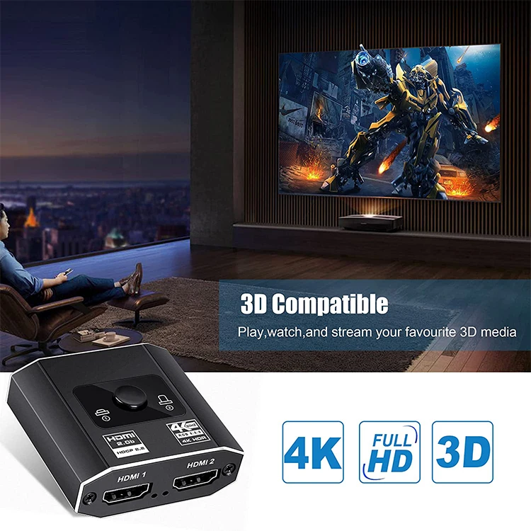 HDMI Switch 4K@60Hz HDMI Splitter, Aluminum Bi-Directional HDMI 2.0b Switcher Splitter 2 in 1 Out, Supports HDCP2.2, HDR, 3D