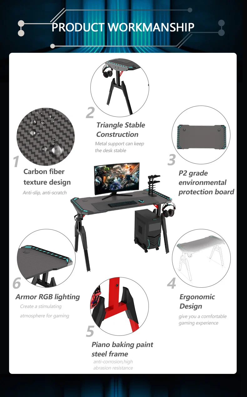 Aor Esports hot sale custom study and racing computer pc gaming desk with rgb led