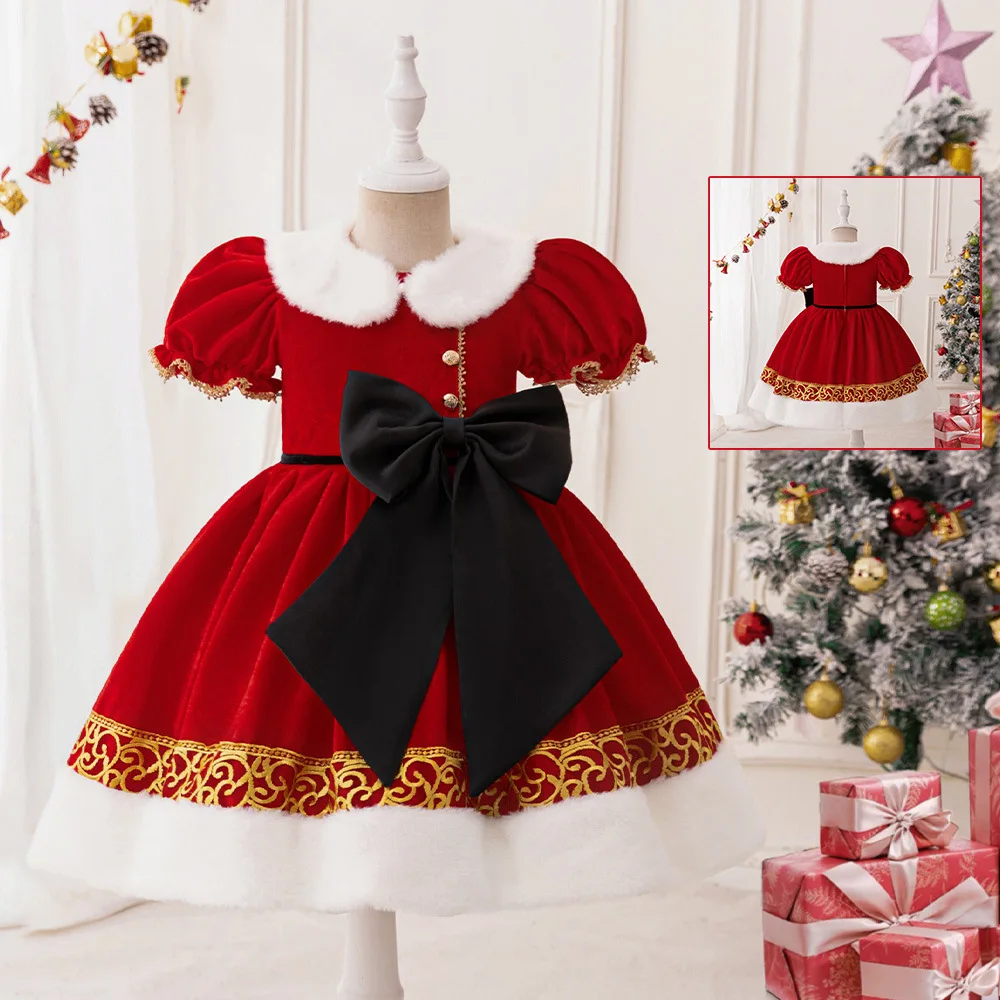 Girls Dress Santa Snowflake Children Shirt Cartoon Print Princess Christmas Party Cos Performance Costumes