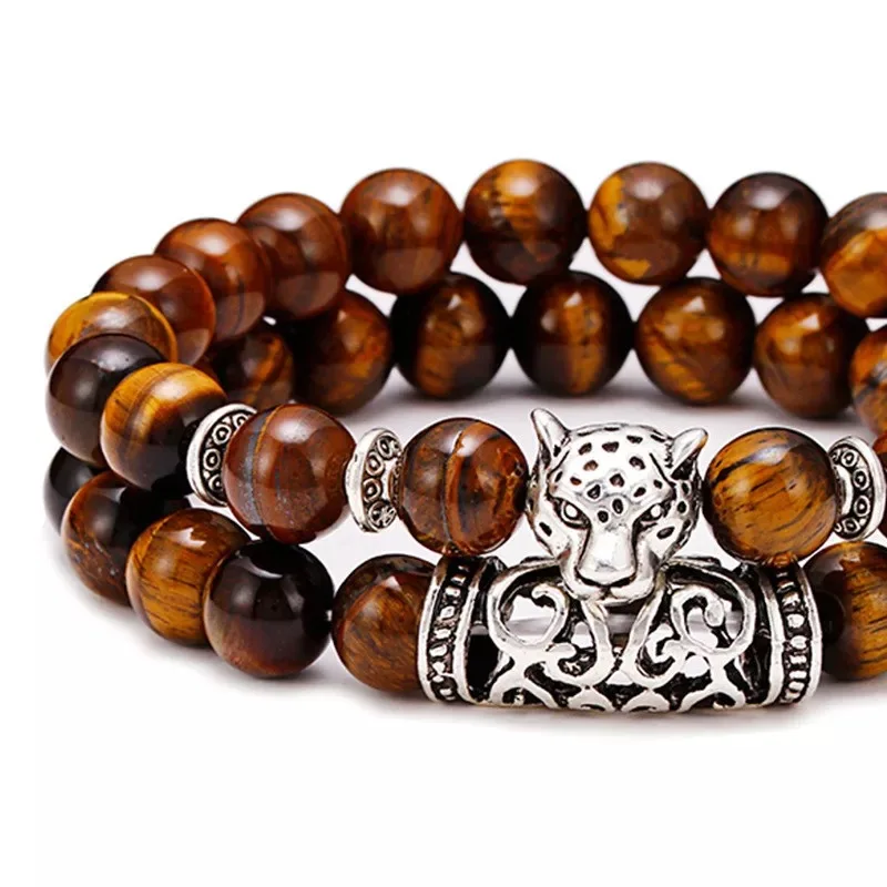 Wholesale 8mm Natural Stone Beads 2pcs/set Gem tiger Eye lava Beaded Health Bracelet Cheetah Head Mens Accessories