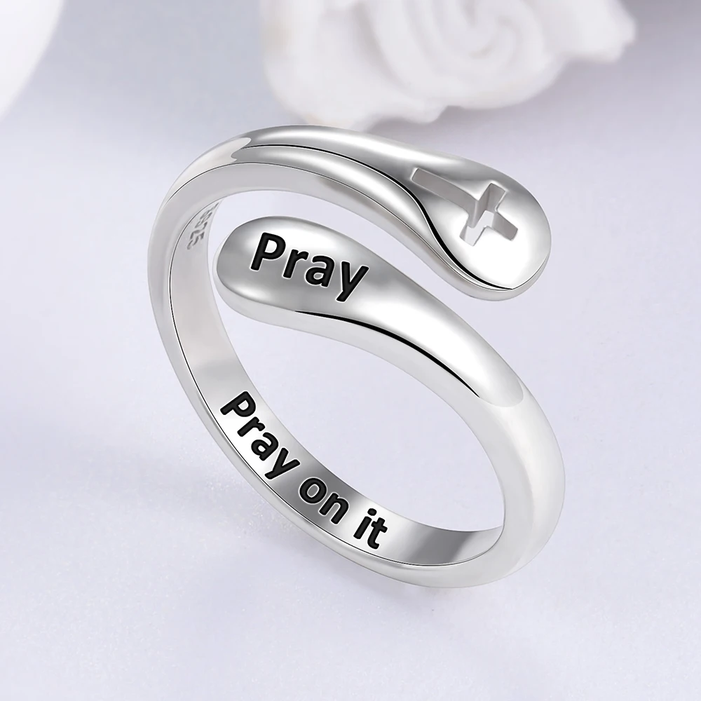 925 Sterling Silver Cross Ring Pray On It Adjustable Open Ring Cross Bless Pray Ring Jewelry Gifts for Women