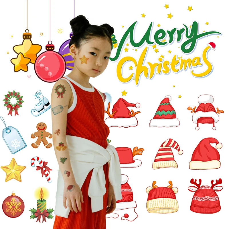 Custom colorful non-toxic friendly to skin high quality removable Christmas festival holiday  temporary tattoo sticker for kids