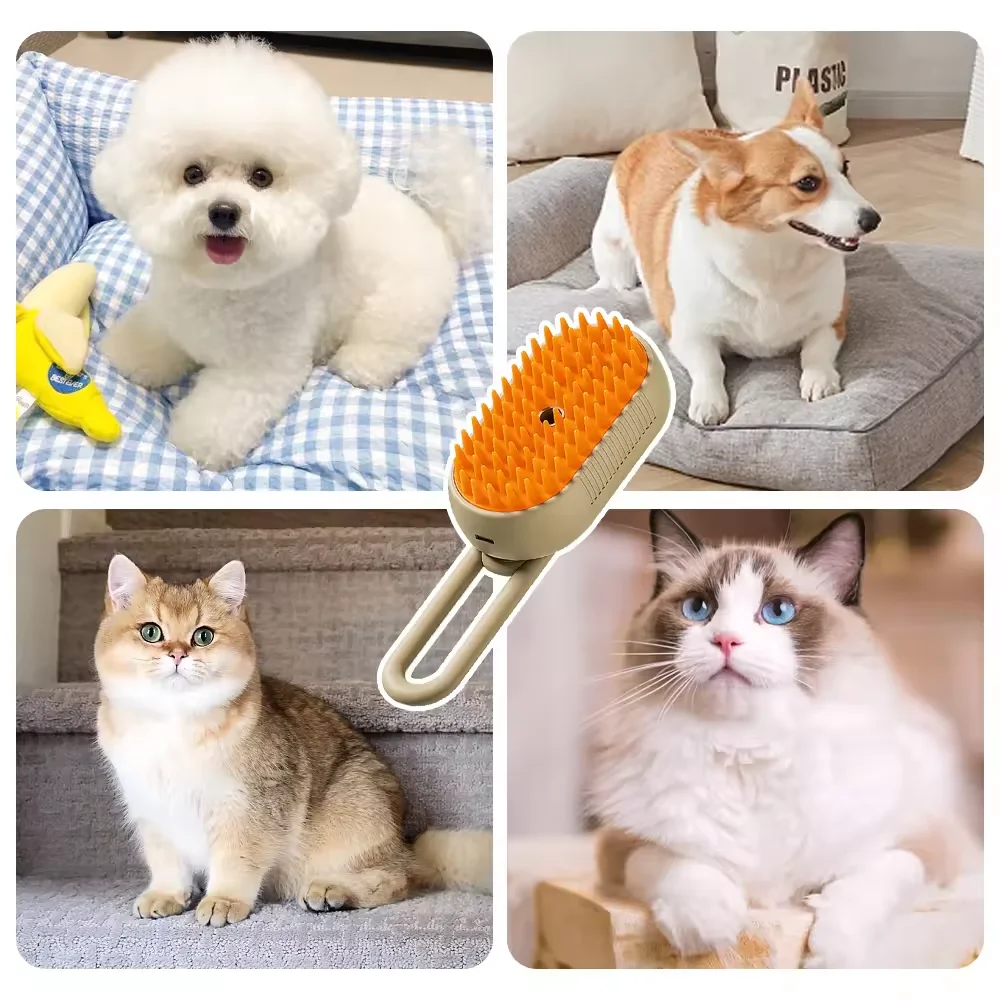 Foldable Pet Hair Remover Water Sticky Brush Grooming Shedding Comb 3 In1 Self Cleaning Electric Dog Cat Steam Brush With Handle