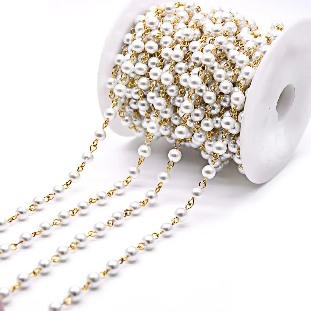 Wholesale Top Quality Gold Plated 6mm Diameter Imitation Pearls Rosary Beads Chain DIY